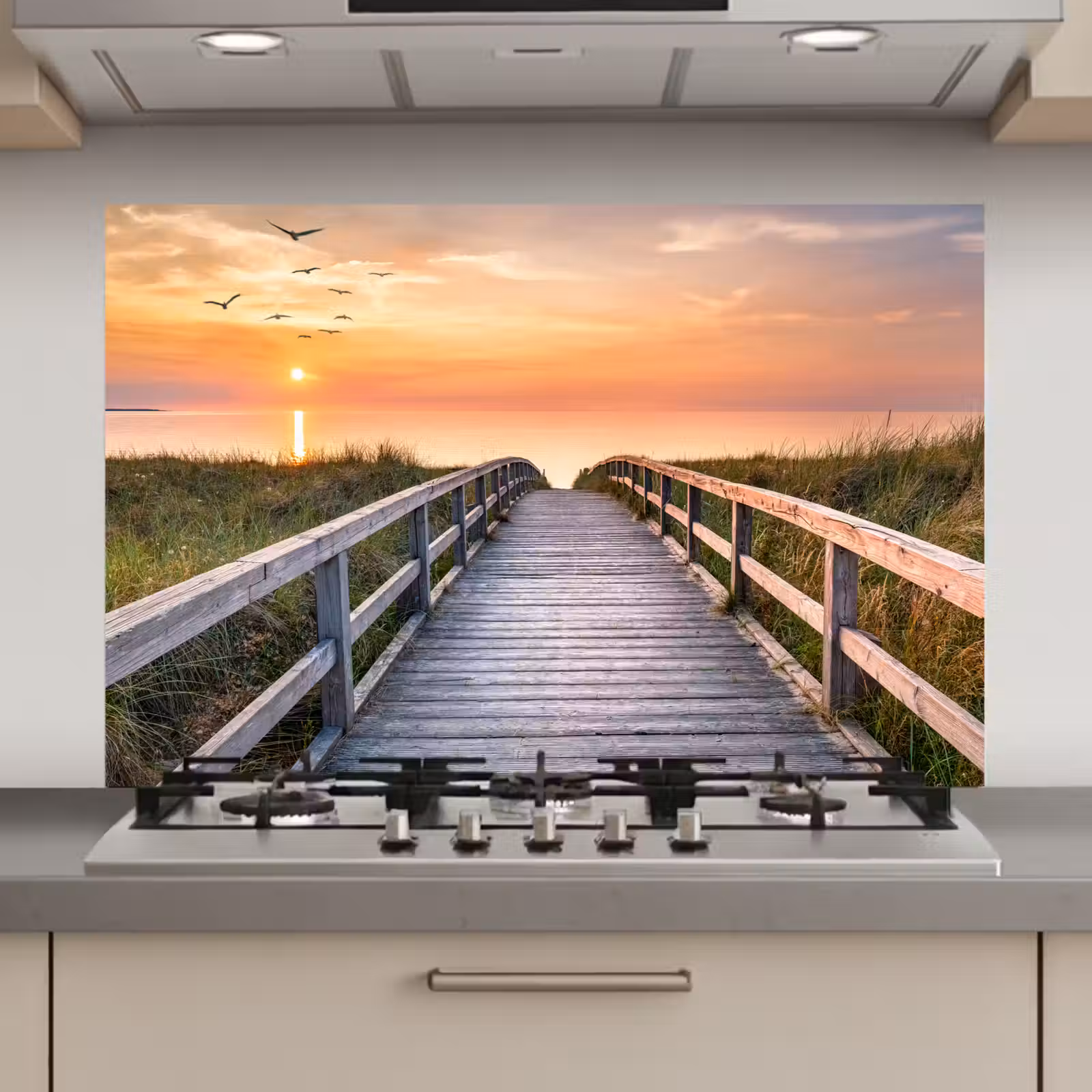 Spatscherm keuken - Zonsonderang - Zee - Pad - Gras - Duin - Vogels — 1