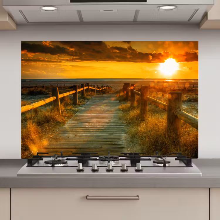 Spatscherm keuken - Zon - Strand - Duin - Horizon - Gras - Pad - Oranje — 1