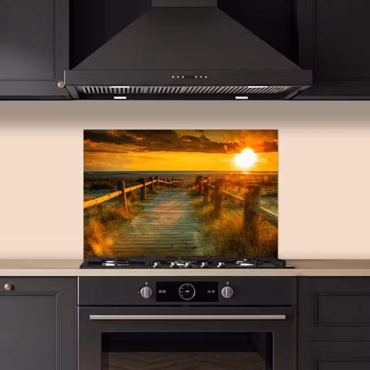 Spatscherm keuken - Zon - Strand - Duin - Horizon - Gras - Pad - Oranje — 2