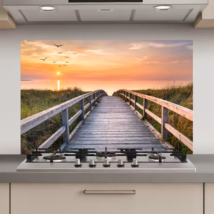 Spatscherm keuken - Zonsonderang - Zee - Pad - Gras - Duin - Vogels — 1
