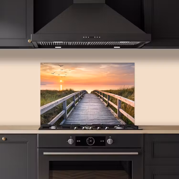 Spatscherm keuken - Zonsonderang - Zee - Pad - Gras - Duin - Vogels — 2