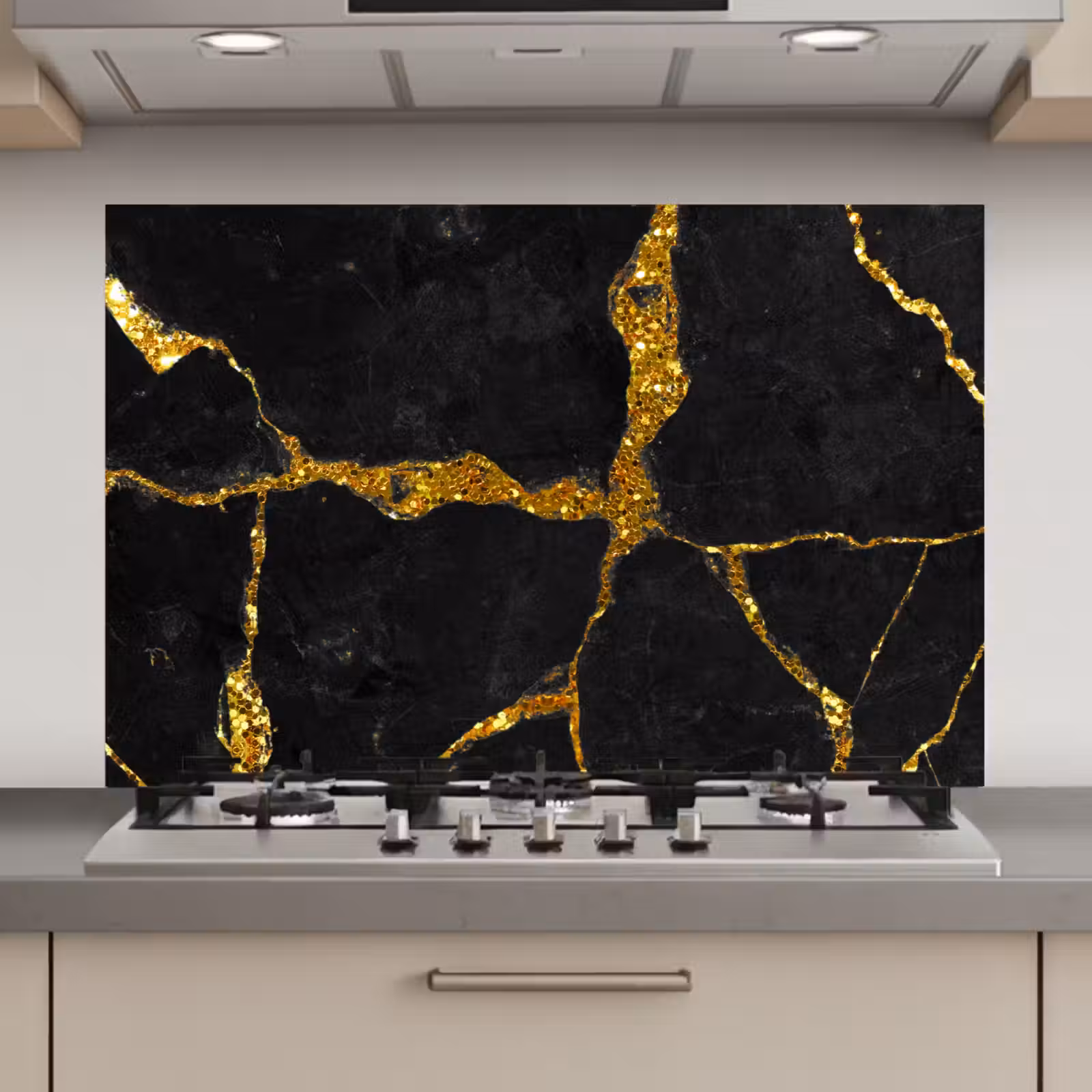 Spatscherm keuken - Marmer - Goud - Zwart - Marmerlook - Glitter — 1