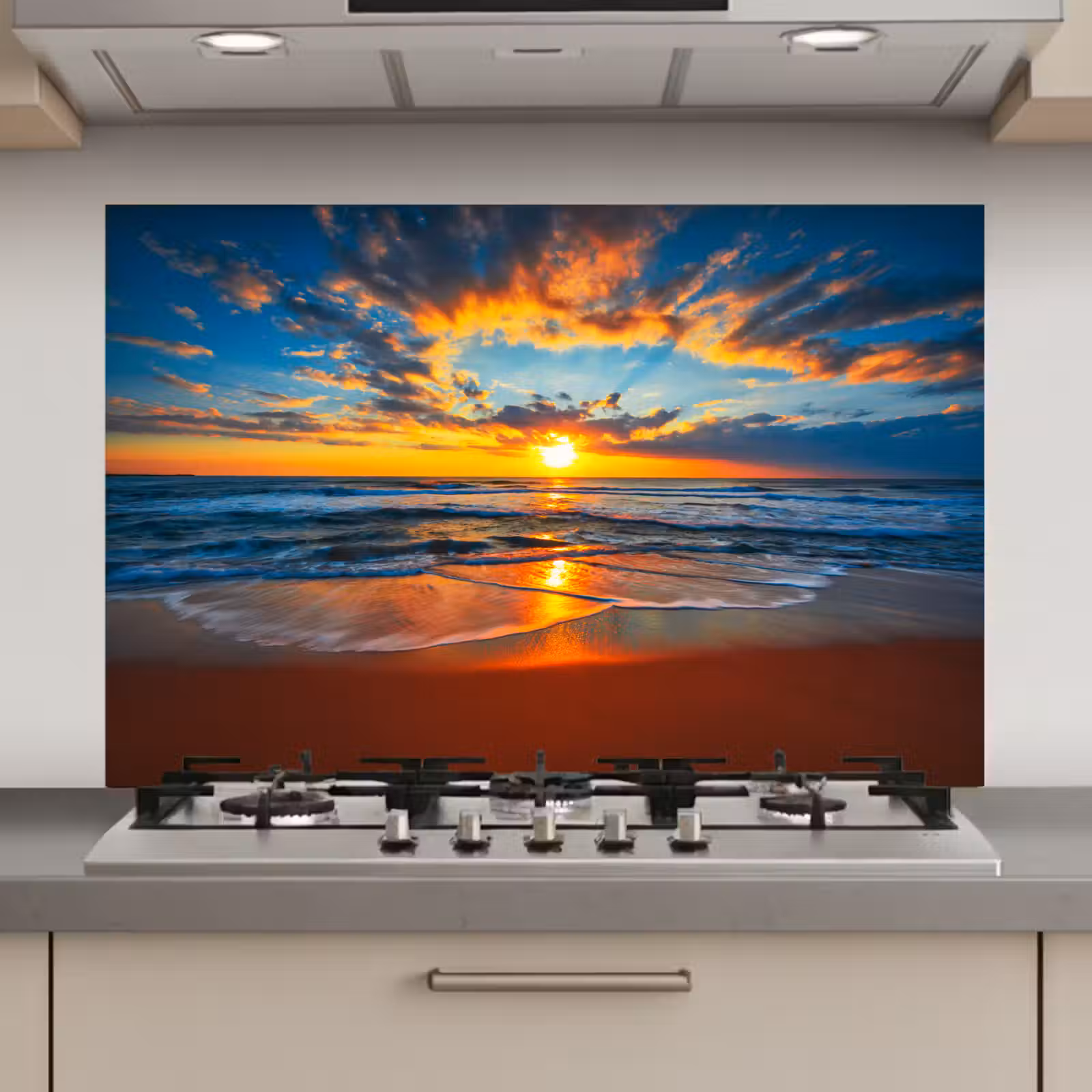 Spatscherm keuken - Zee - Zonsondergang - Strand - Wolken - Oranje — 1