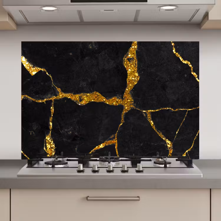 Spatscherm keuken - Marmer - Goud - Zwart - Marmerlook - Glitter — 1
