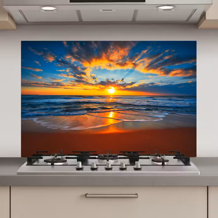Spatscherm keuken - Zee - Zonsondergang - Strand - Wolken - Oranje — 1