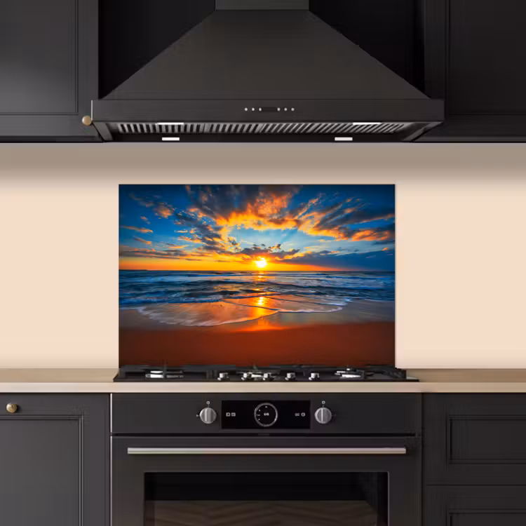 Spatscherm keuken - Zee - Zonsondergang - Strand - Wolken - Oranje — 2