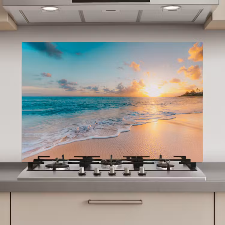 Spatscherm keuken - Zonsondergang - Strand - Zee - Zomer - Blauw — 1