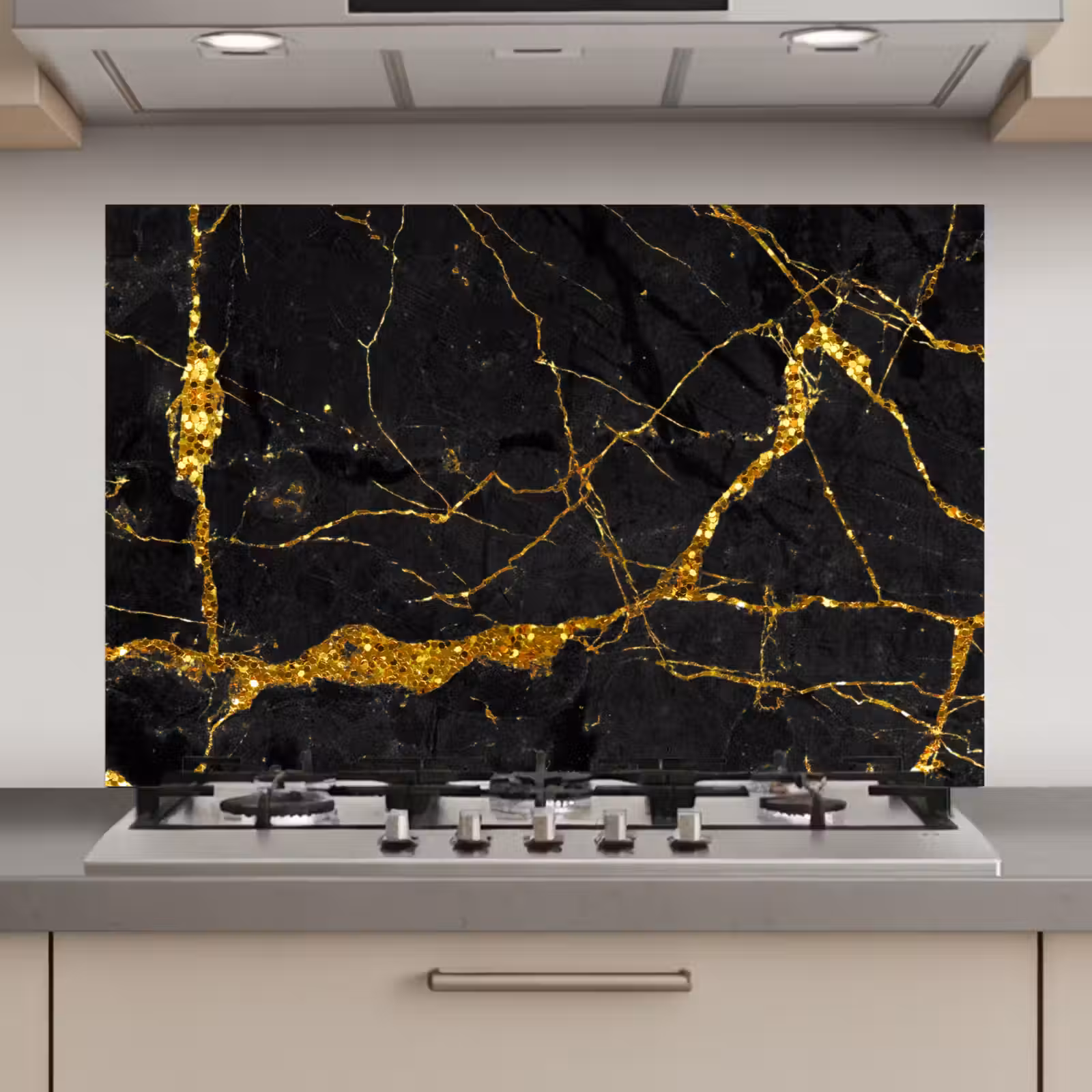Spatscherm keuken - Marmer - Goud - Zwart - Marmerlook - Luxe - Glitter — 1