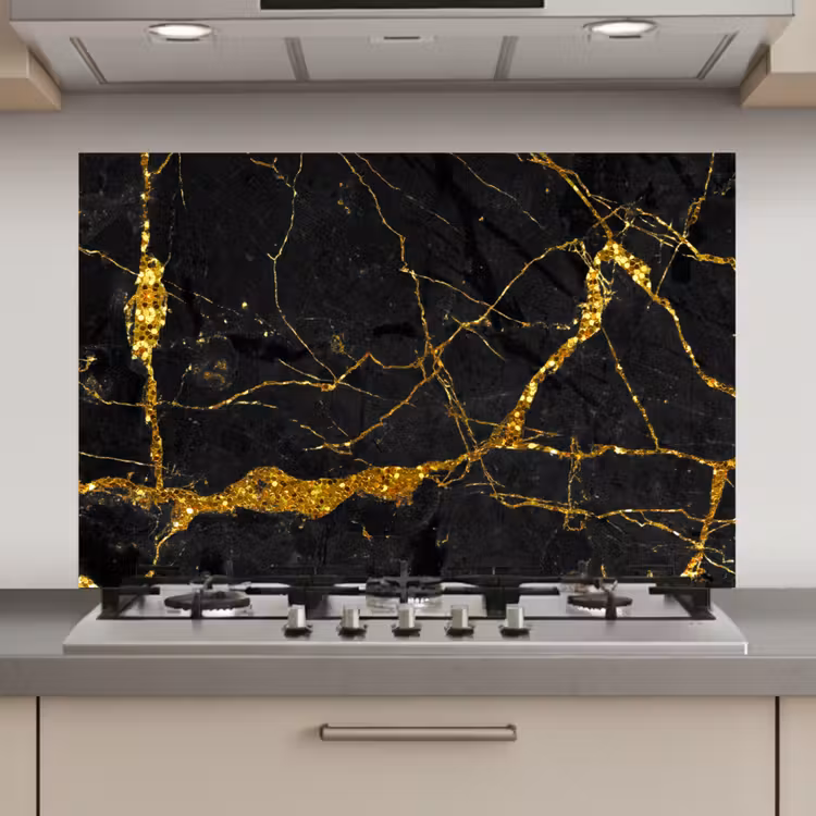Spatscherm keuken - Marmer - Goud - Zwart - Marmerlook - Luxe - Glitter — 1