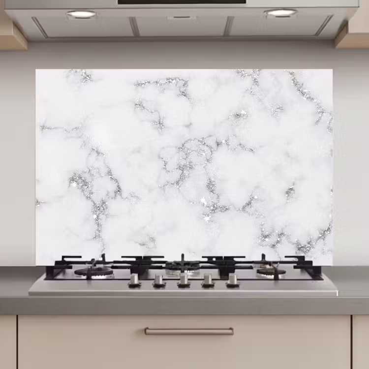 Spatscherm keuken - Marmer - Wit - Zilver - Glitter - Marmerlook - Chique — 1