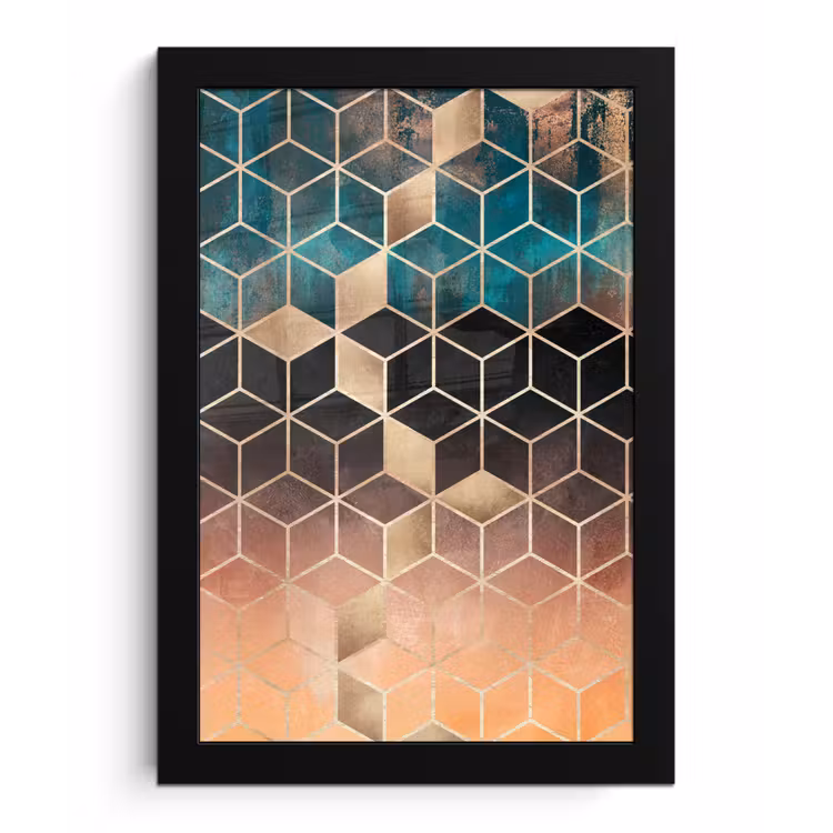 Poster met lijst - Abstract - Kubus - Goud - Patronen - Luxe — 1