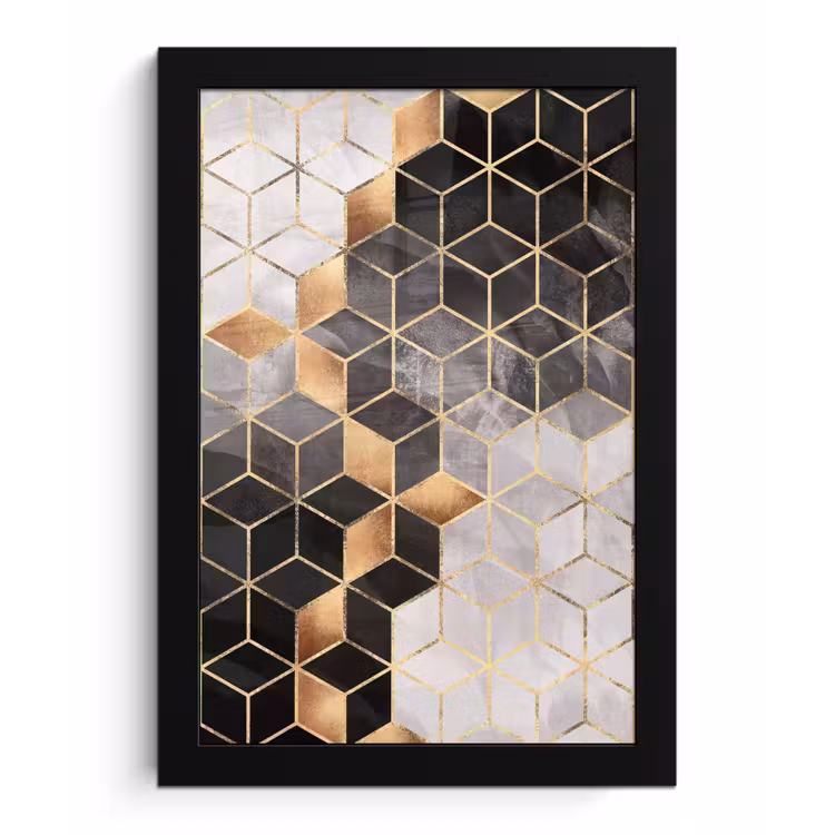 Poster met lijst - Abstract - Kubus - Goud - Patronen - Zwart - Wit — 1