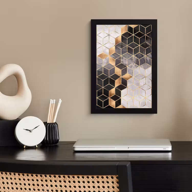 Poster met lijst - Abstract - Kubus - Goud - Patronen - Zwart - Wit — 2