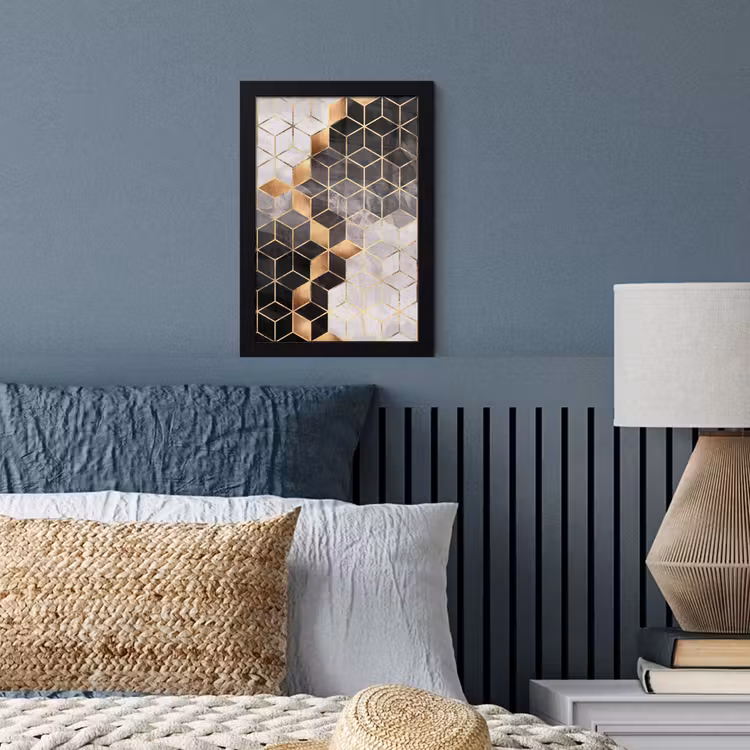 Poster met lijst - Abstract - Kubus - Goud - Patronen - Zwart - Wit — 3