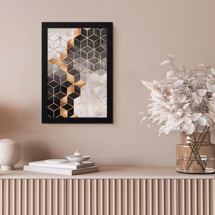 Poster met lijst - Abstract - Kubus - Goud - Patronen - Zwart - Wit — 5