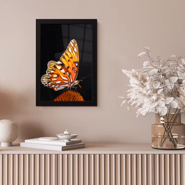 Poster met lijst - Vlinder - Bloemen - Insect - Portret - Zwart - Oranje — 5