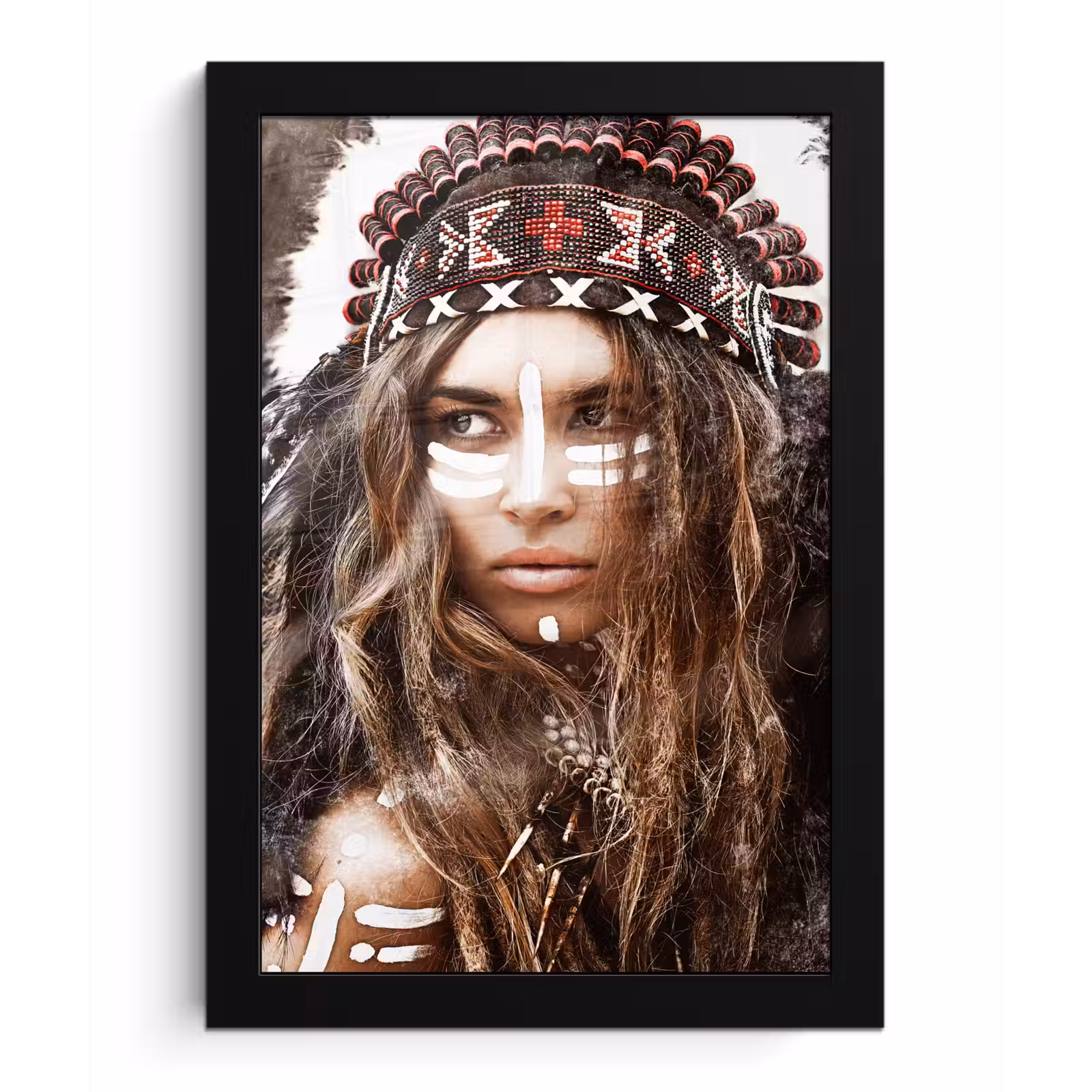 Poster met lijst - Vrouw - Indianentooi - Veren - Strepen — 1