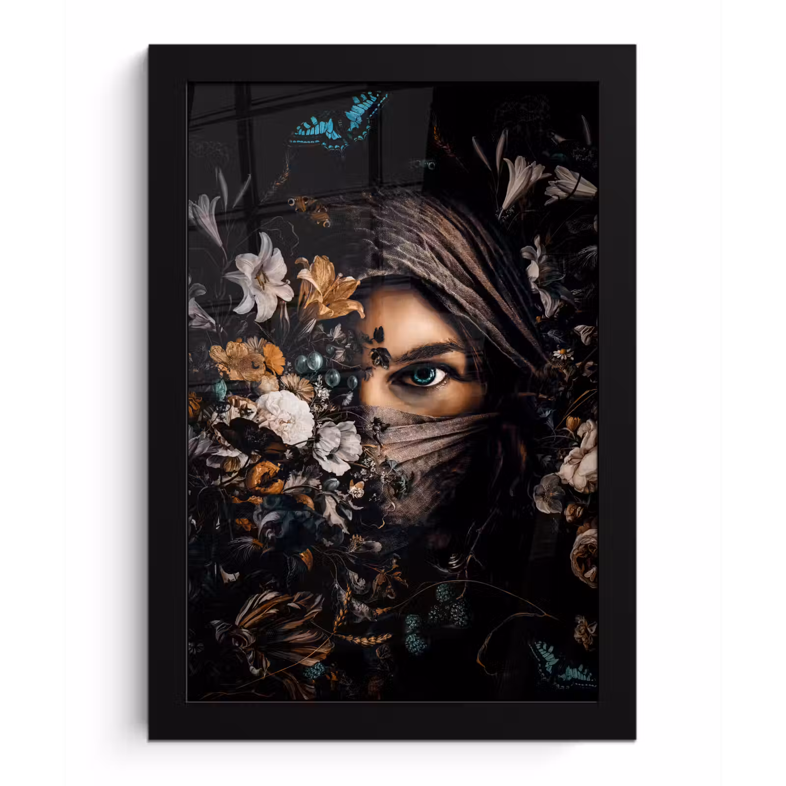 Poster met lijst - Vrouw - Luxe - Bloemen - Vlinder - Portret — 1