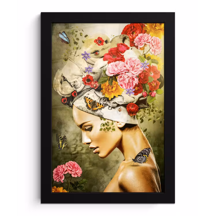 Poster met lijst - Vrouw - Bloemen - Kleuren - Vlinders - Rozen - Hoofddoek — 1