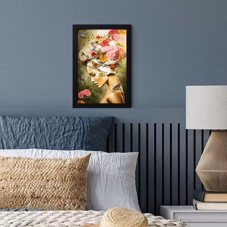 Poster met lijst - Vrouw - Bloemen - Kleuren - Vlinders - Rozen - Hoofddoek — 3