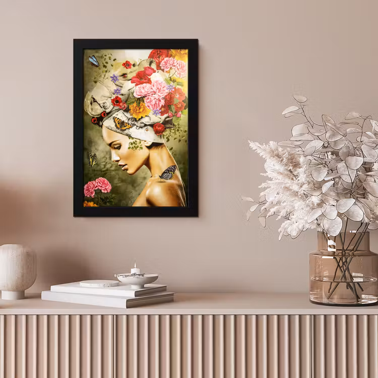 Poster met lijst - Vrouw - Bloemen - Kleuren - Vlinders - Rozen - Hoofddoek — 5