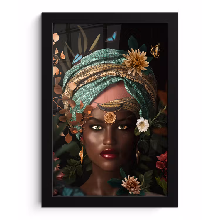 Poster met lijst - Vrouw - Bloemen - Vlinders - Planten - Sieraden - Luxe — 1
