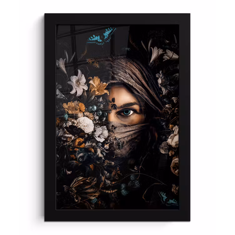 Poster met lijst - Vrouw - Luxe - Bloemen - Vlinder - Portret — 1
