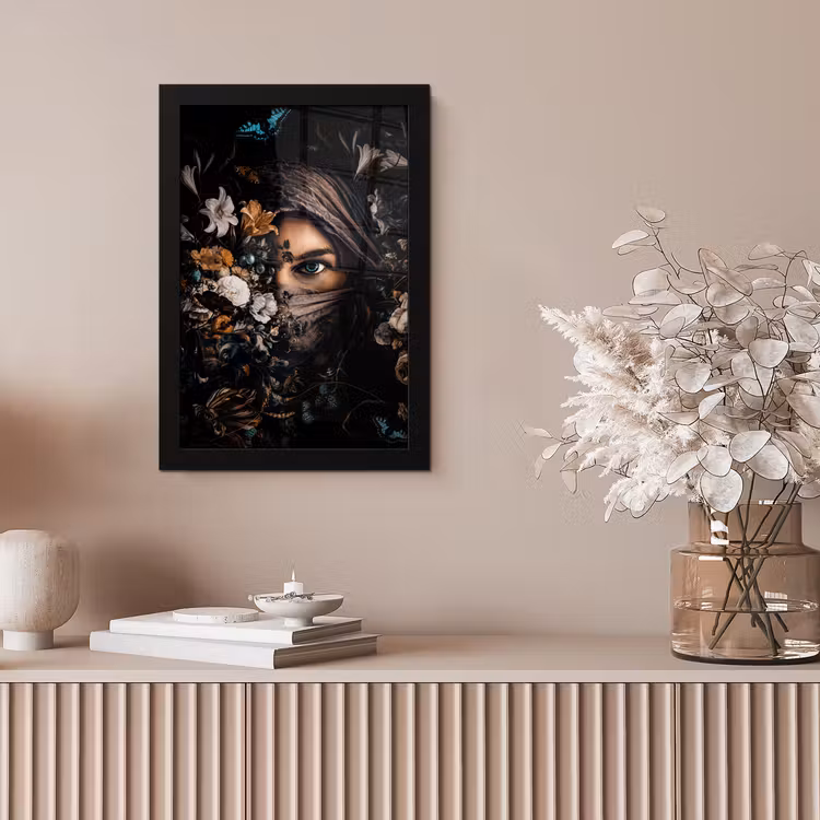 Poster met lijst - Vrouw - Luxe - Bloemen - Vlinder - Portret — 5