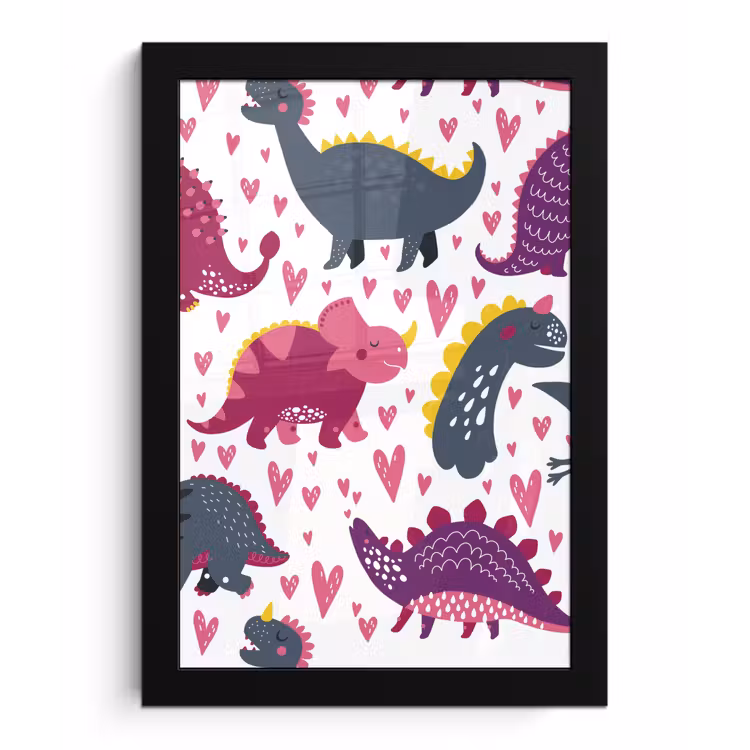 Poster met lijst - Dino - Hart - Patronen - Roze - Meisjes - Dinosaurus — 1