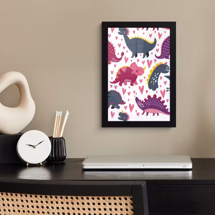Poster met lijst - Dino - Hart - Patronen - Roze - Meisjes - Dinosaurus — 2