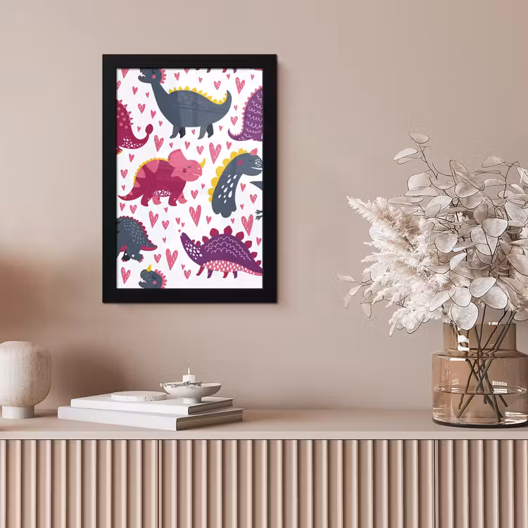 Poster met lijst - Dino - Hart - Patronen - Roze - Meisjes - Dinosaurus — 5