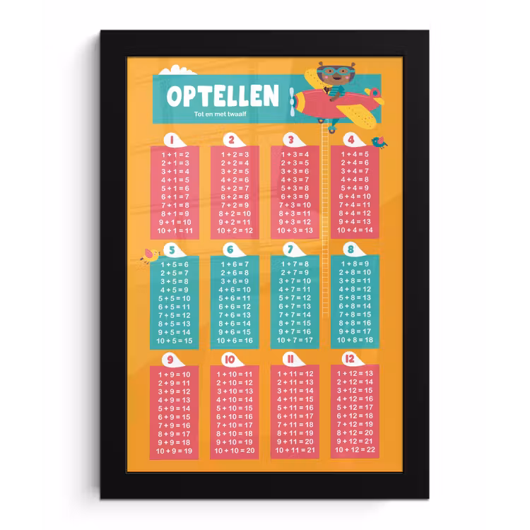 Poster met lijst - Kinderkamer - Optellen - Educatief - Jongens - Meisjes - Kinderen - Oranje - Kids — 1