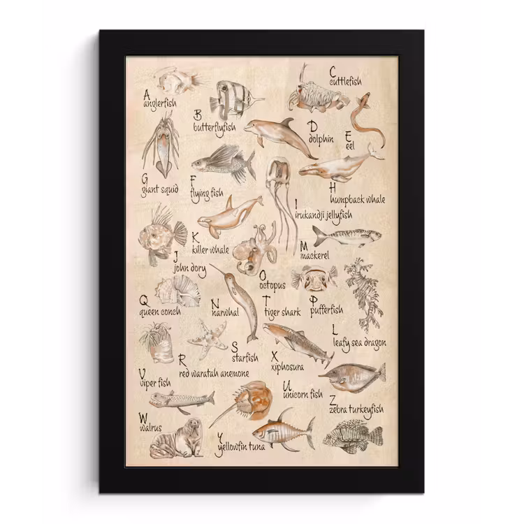 Poster met lijst - Alfabet - Zeedieren - Vissen - Retro - Bruin - Kinderen - Kids — 1