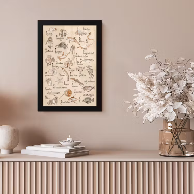 Poster met lijst - Alfabet - Zeedieren - Vissen - Retro - Bruin - Kinderen - Kids — 5