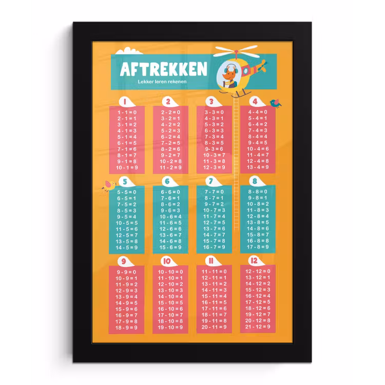Poster met lijst - Kinderkamer - Aftrekken - Rekenen - Meiden - Jongetjes - Kinderen - Oranje — 1