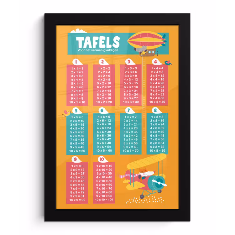 Poster met lijst - Kinderkamer - Rekenen - Tafels - Kinderen - Jongens - Meisjes - Oranje - Kids — 1