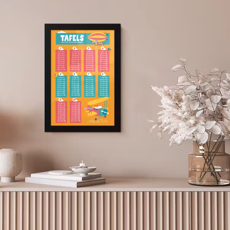Poster met lijst - Kinderkamer - Rekenen - Tafels - Kinderen - Jongens - Meisjes - Oranje - Kids — 5