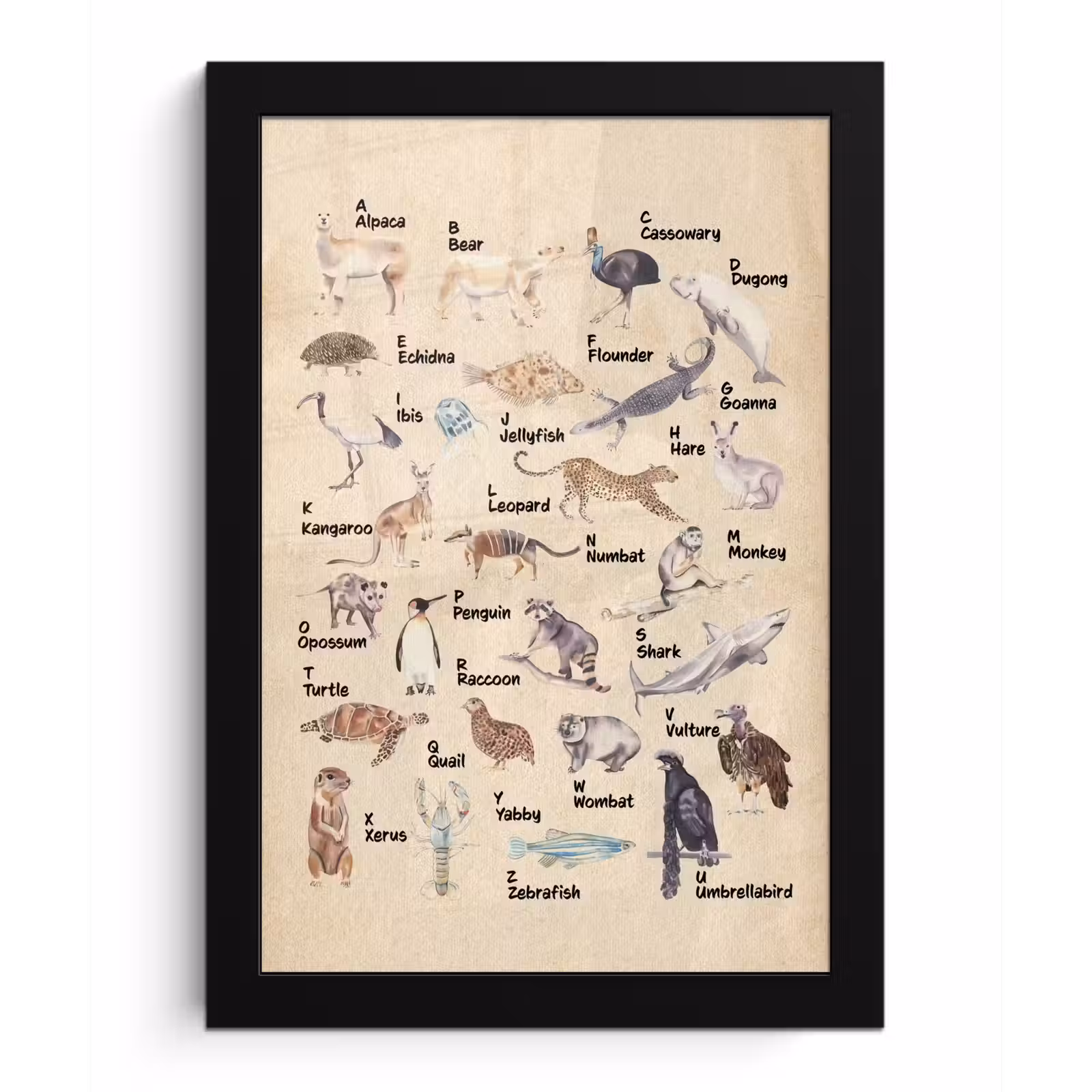 Poster met lijst - Alfabet - Dieren - Educatief - Retro - Bruin - Kind - Kinderen — 1