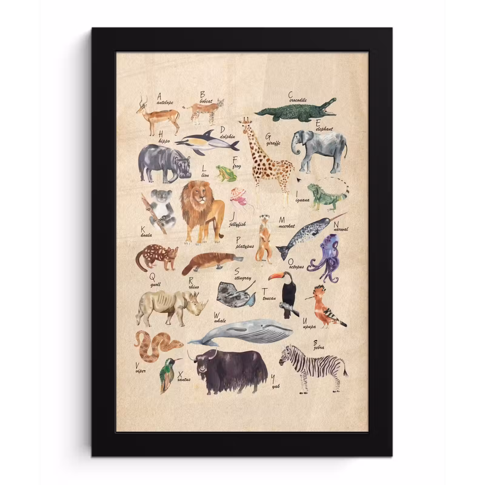Poster met lijst - Alfabet - Dieren - Leeuw - Retro - Bruin - Kids - Kinderen — 1