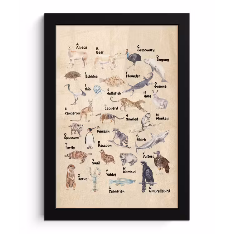 Poster met lijst - Alfabet - Dieren - Educatief - Retro - Bruin - Kind - Kinderen — 1
