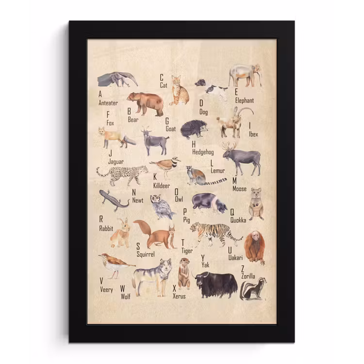 Poster met lijst - Alfabet - Dieren - Hond - Kat - Educatief - Retro - Kind - Kinderen — 1