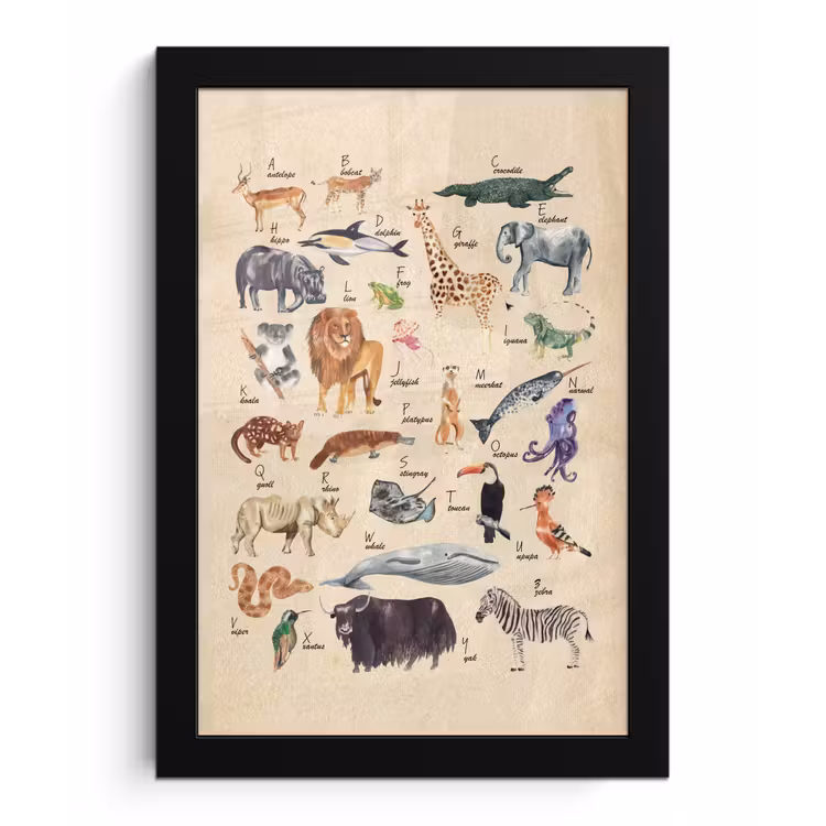 Poster met lijst - Alfabet - Dieren - Leeuw - Retro - Bruin - Kids - Kinderen — 1