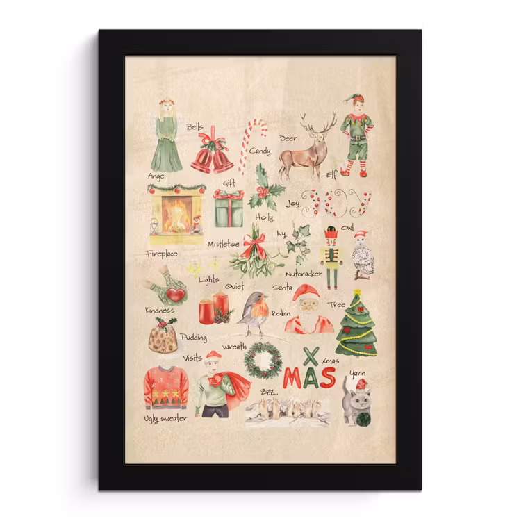 Poster met lijst - Alfabet - Kerst - Christmas - Educatief - Retro - Kind - Kinderen — 1