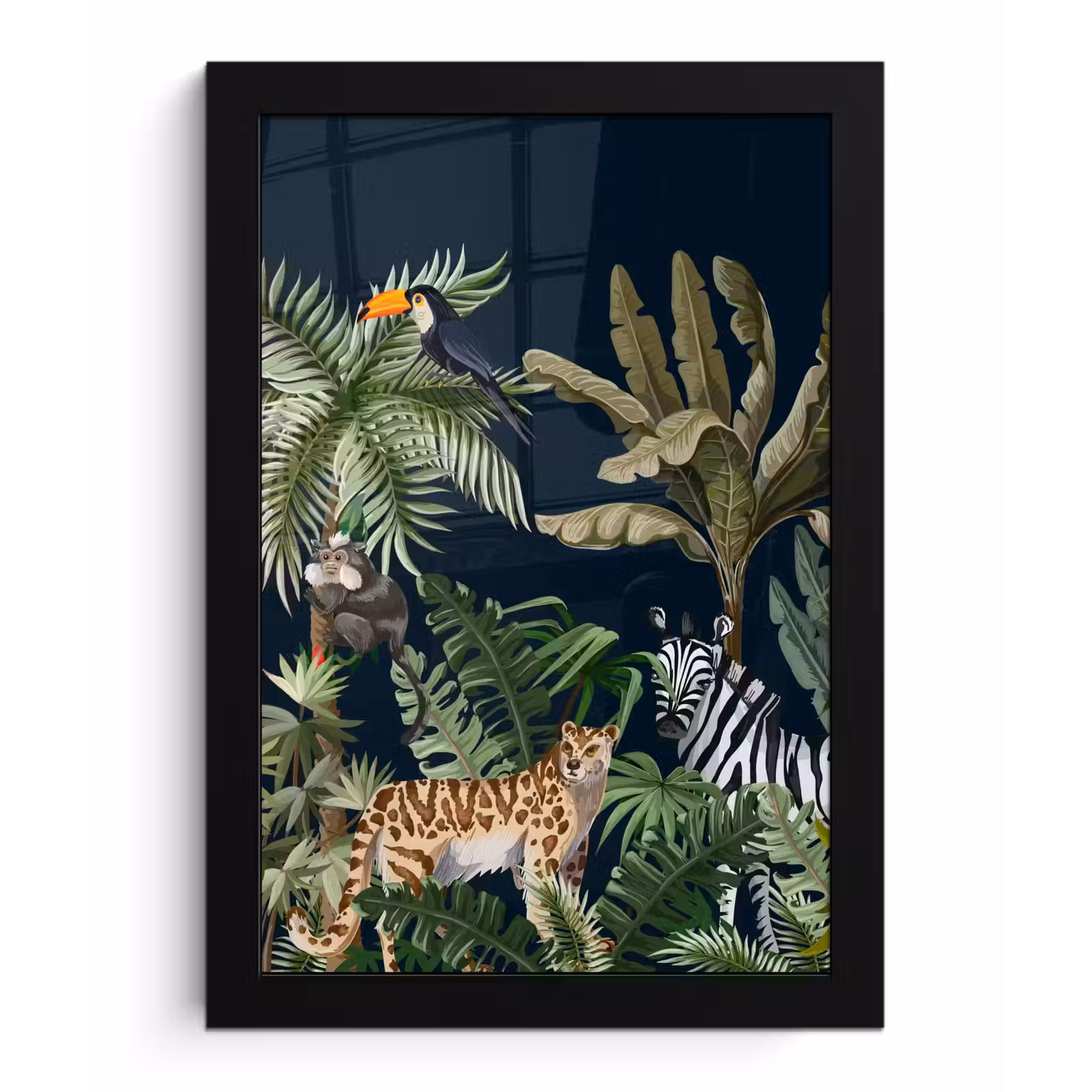Poster met lijst - Jungle - Planten - Dieren - Kinderen - Flamingo - Zebra — 1