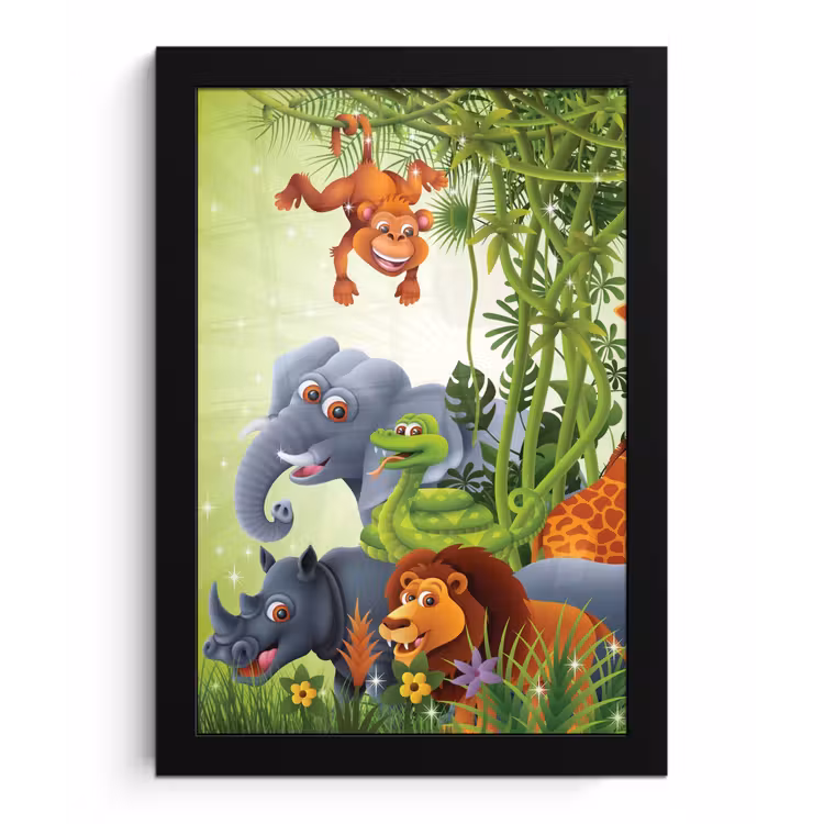 Poster met lijst - Jungle dieren - Planten - Kinderen - Olifant - Giraf - Leeuw — 1