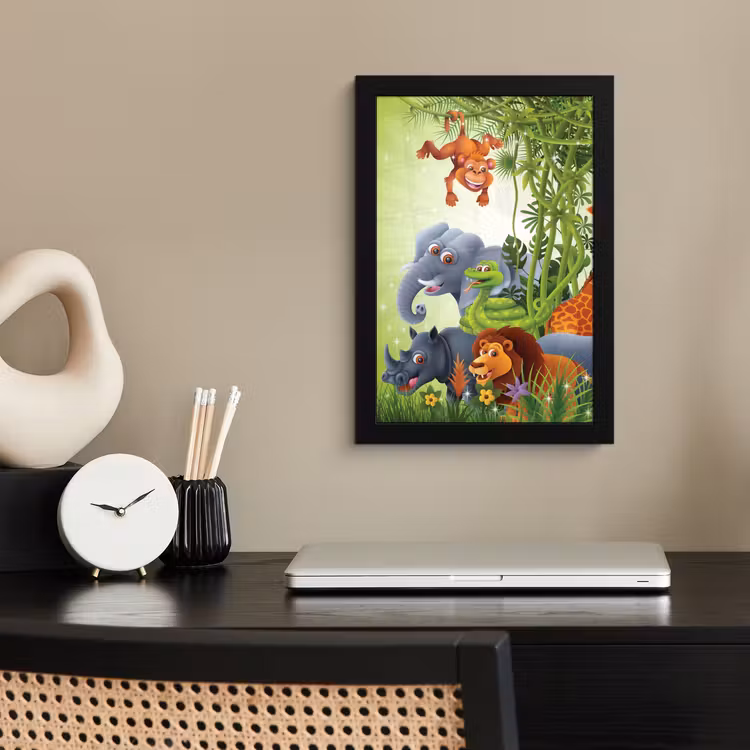 Poster met lijst - Jungle dieren - Planten - Kinderen - Olifant - Giraf - Leeuw — 2