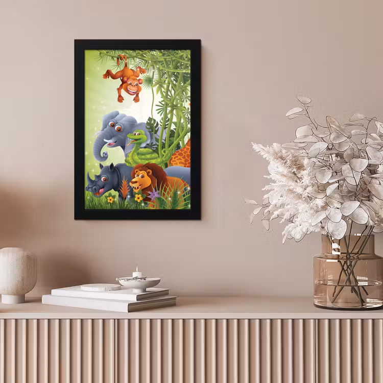 Poster met lijst - Jungle dieren - Planten - Kinderen - Olifant - Giraf - Leeuw — 5