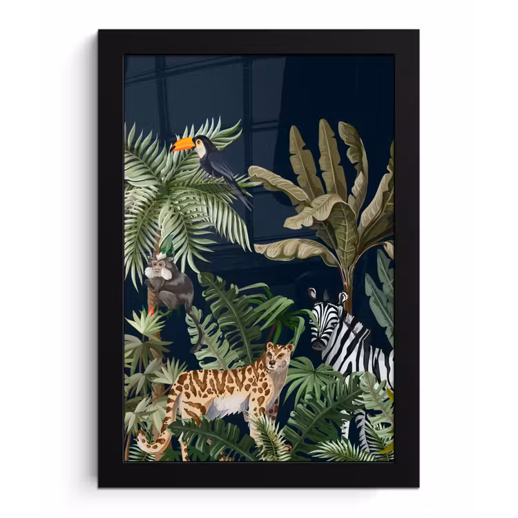 Poster met lijst - Jungle - Planten - Dieren - Kinderen - Flamingo - Zebra — 1