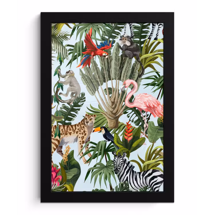 Poster met lijst - Jungle - Dieren - Meisjes - Kinderen - Jongens - Flamingo - Papegaai — 1