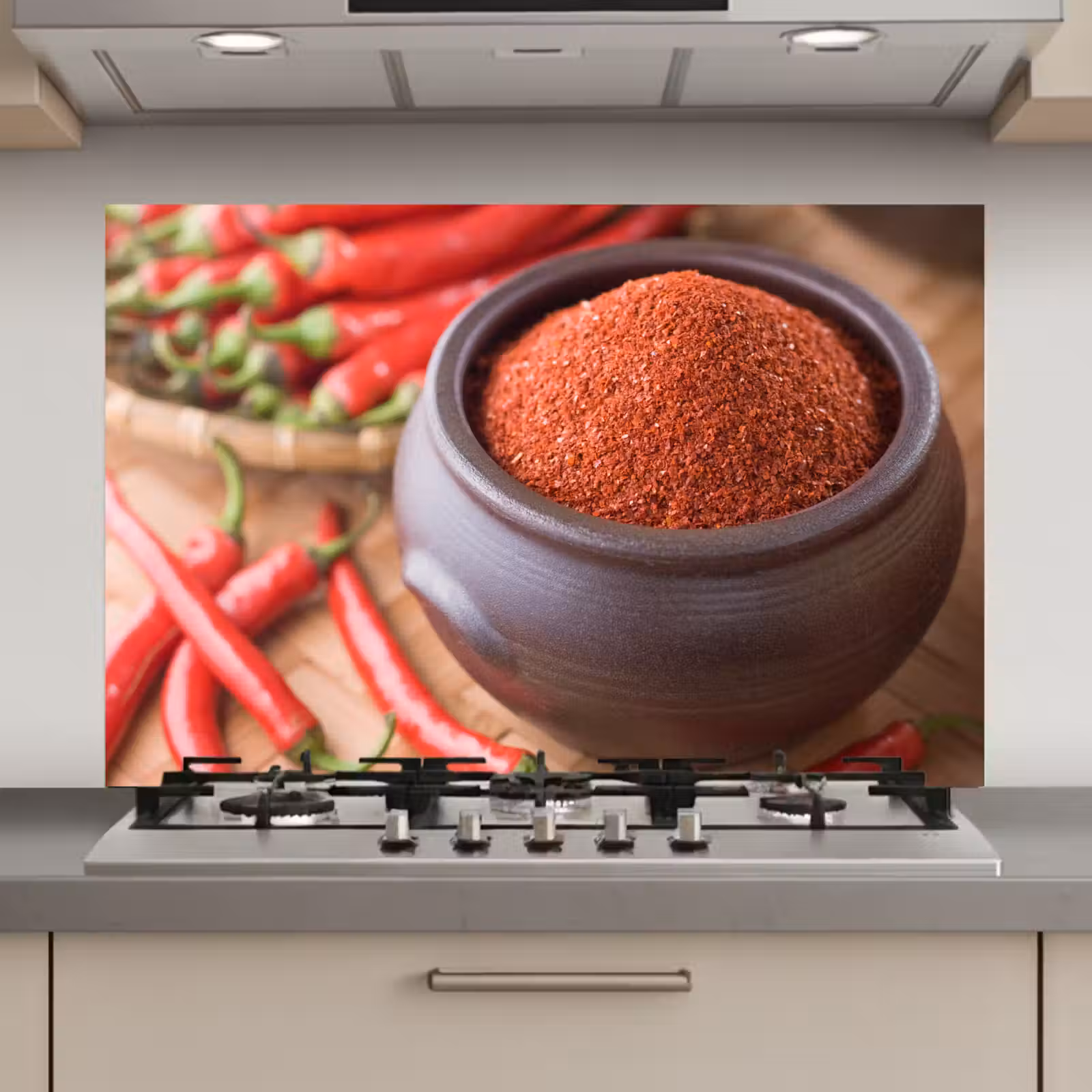 Spatscherm keuken - Gepoederde cayennepeper in een bakje — 1